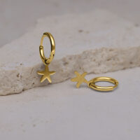 Kaksi kultaista korvarengasta meritähden muotoisilla riipuksilla kivipinnalla