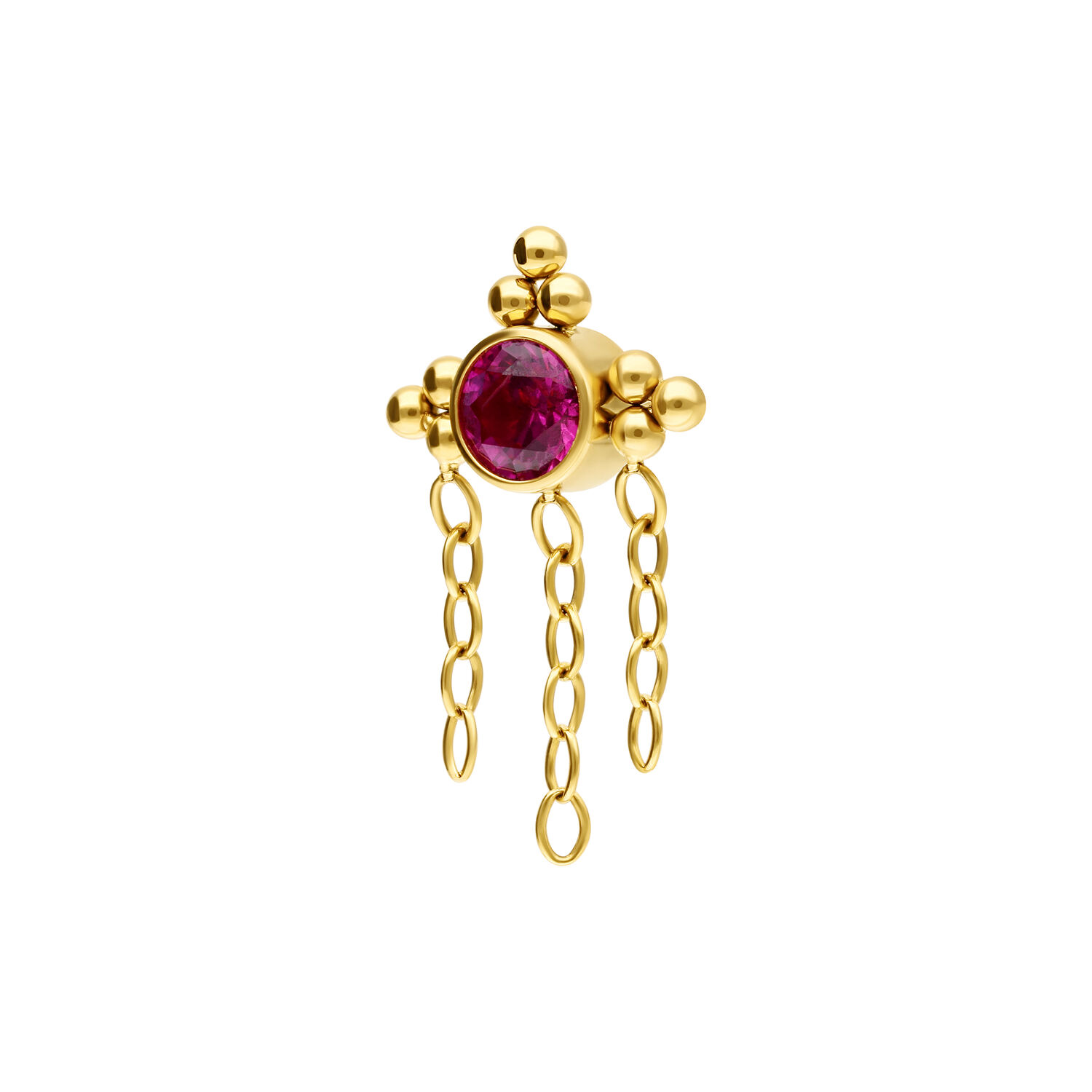 Kultainen Push Fit -rubiinikärki ketjuilla Kultainen lävistyskoru rubiininpunaisella kristallilla ja roikkuvilla ketjuilla valkoisella taustalla