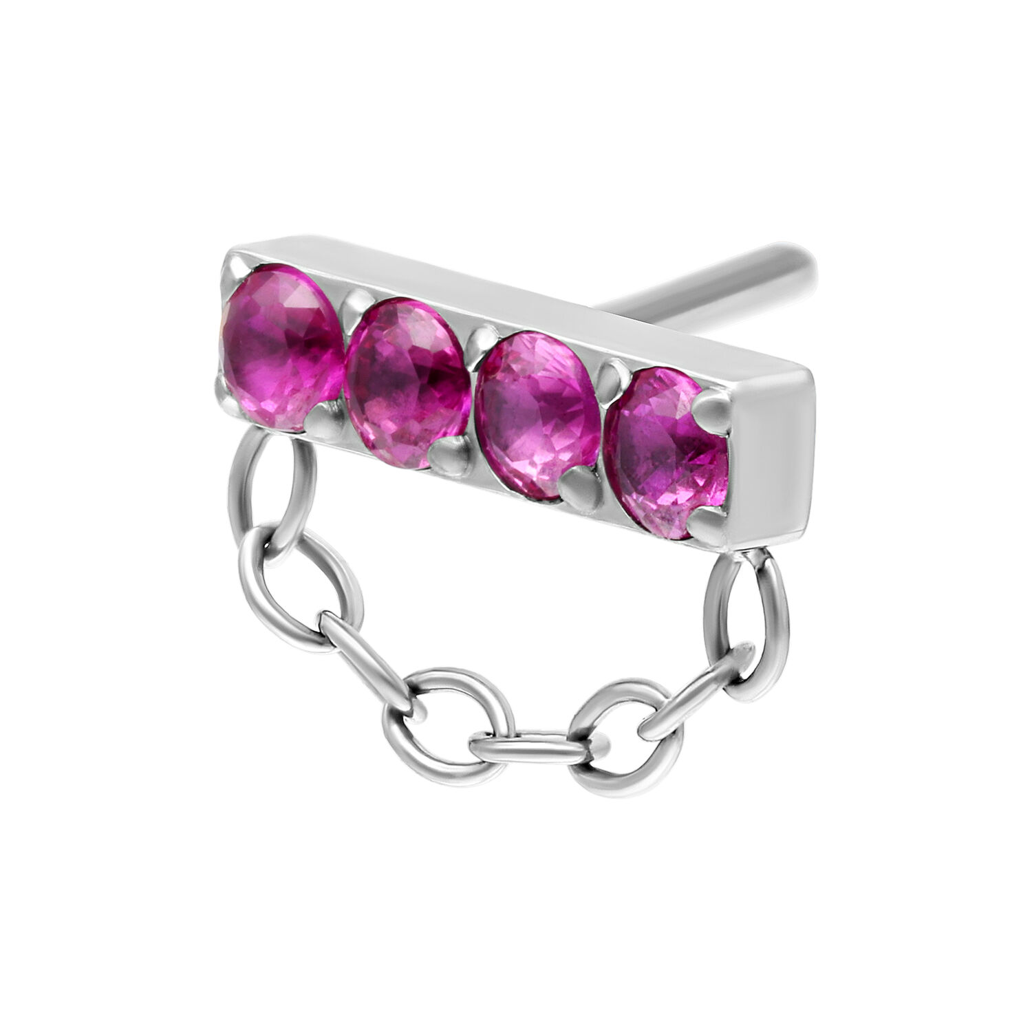 Hopeinen lävistyslisäosa, jossa neljä punaista kiveä ja ketju, kuvattu sivulta