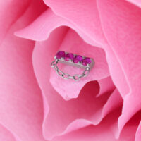 Hopeinen lisäosa neljällä punaisella kristallilla ja ketjulla vaaleanpunaisilla terälehdillä