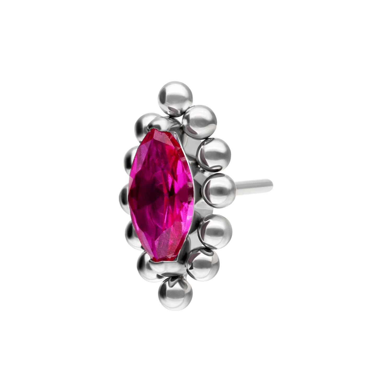 Hopeinen lävistyslisäosa, jossa on ovaali punainen kristalli, ympäröitynä hopeisilla palloilla valkoisella taustalla