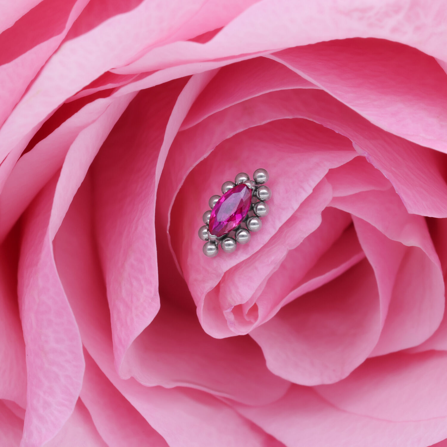 Hopeinen ovaali lisäosa punaisella kristallilla vaaleanpunaisella terälehdellä