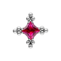 Hopeinen kärki rubiininpunaisella kristallilla ja kuplakuviolla valkoisella taustalla