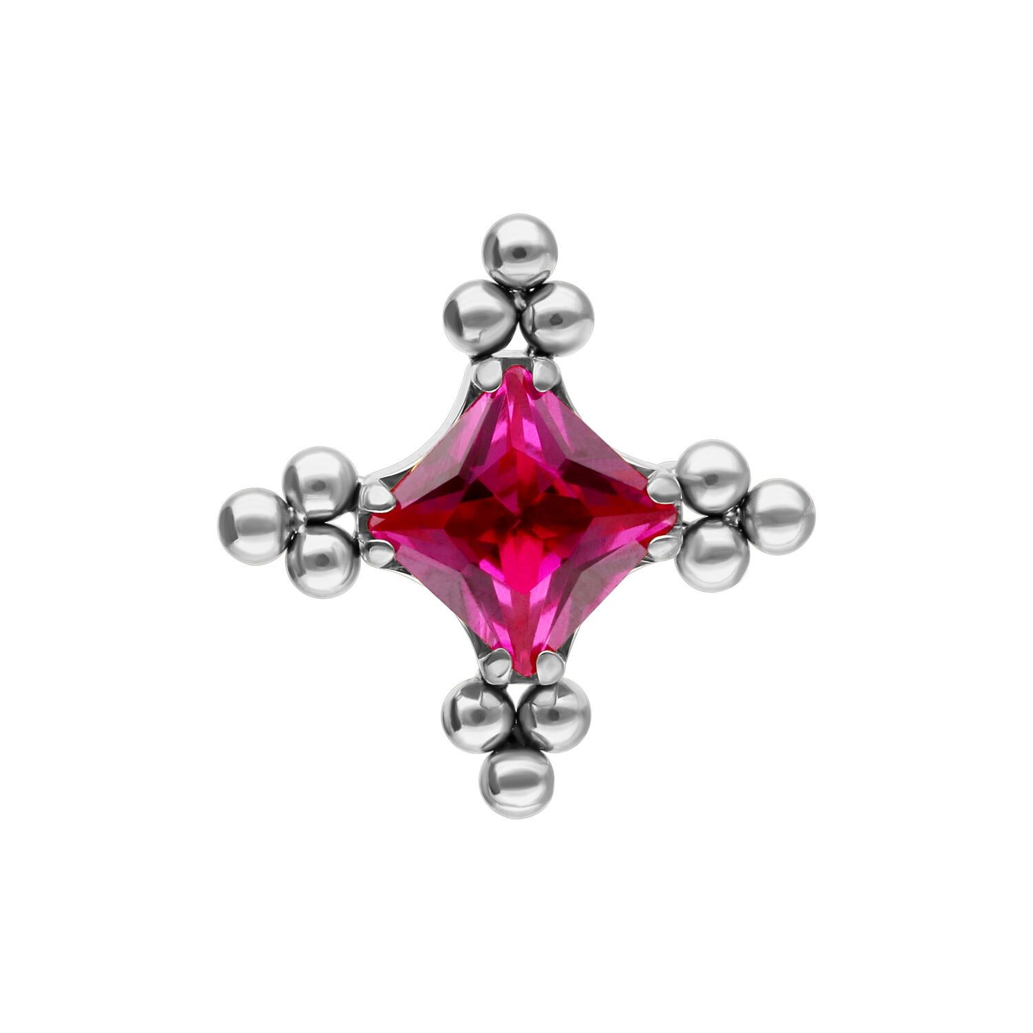 Hopeinen kärki rubiininpunaisella kristallilla ja kuplakuviolla valkoisella taustalla