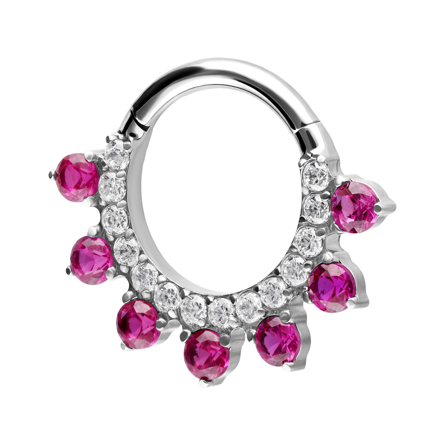 Hopeinen clicker-lävistysrengas punaisilla ja kirkkailla kristalleilla valkoisella taustalla