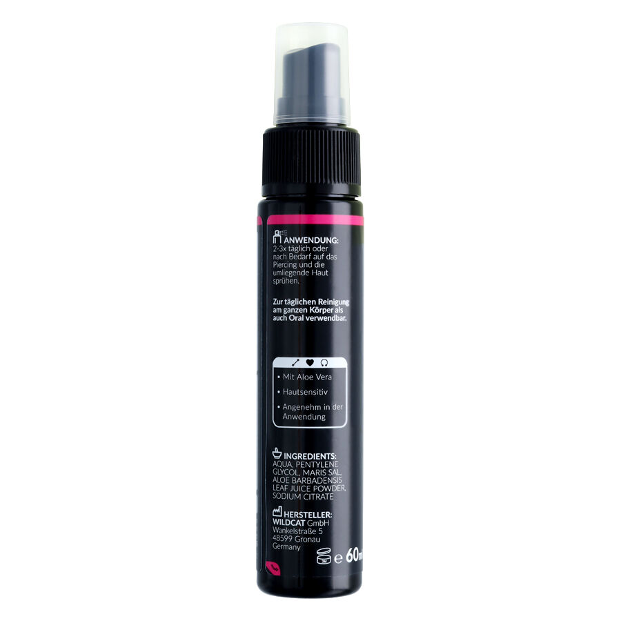 Musta spraypullo, jossa 60ml piercingspray, punainen yksityiskohta