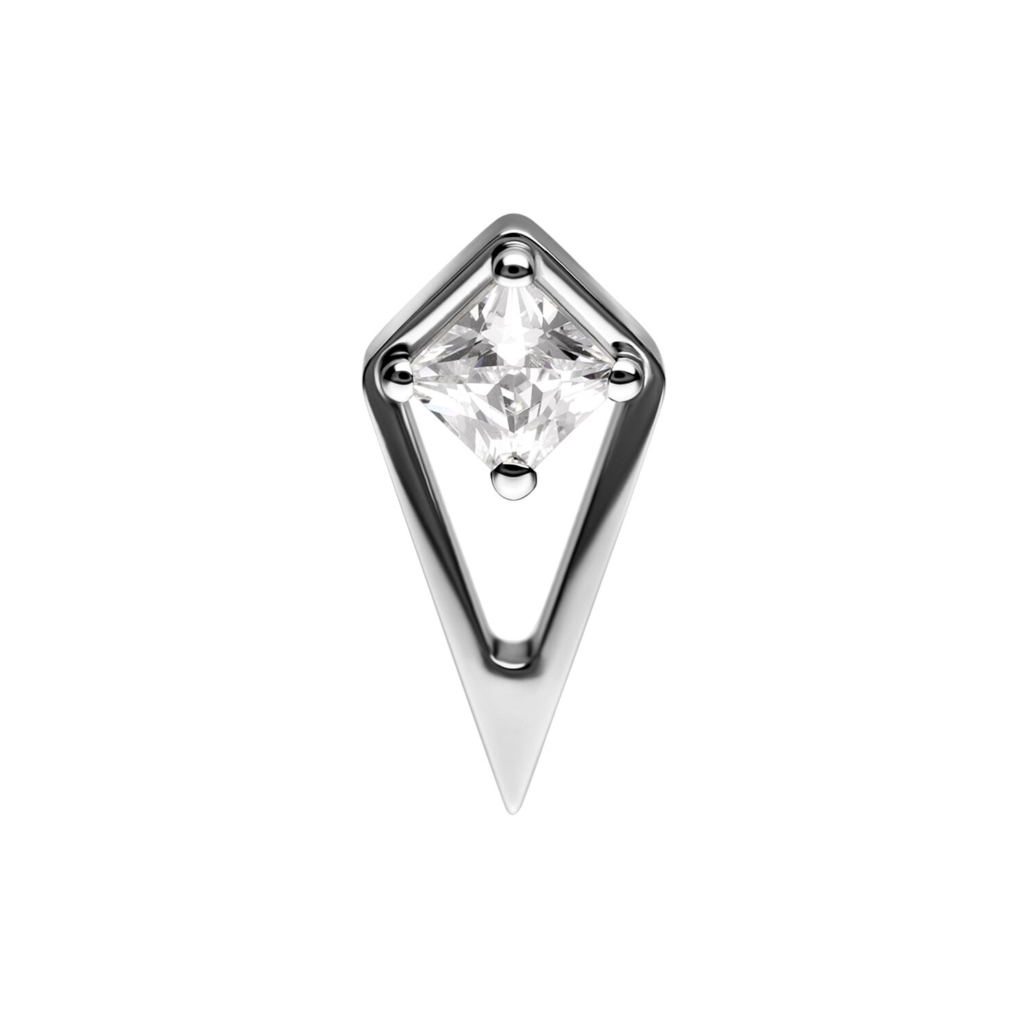 Hopeinen Push Fit -lisäosa kristallilla Hopeinen geometrinen lisäosa kirkkaalla kristallilla valkoisella taustalla