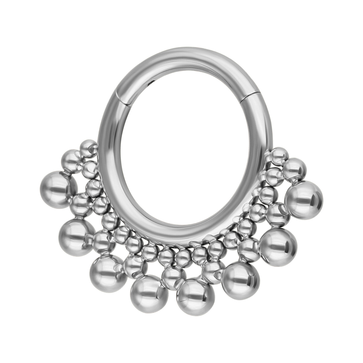 Hopeinen titaani Bubble Clicker -lävistys Hopeinen septum clicker kuplamuotoilulla titaanista, valkoisella taustalla